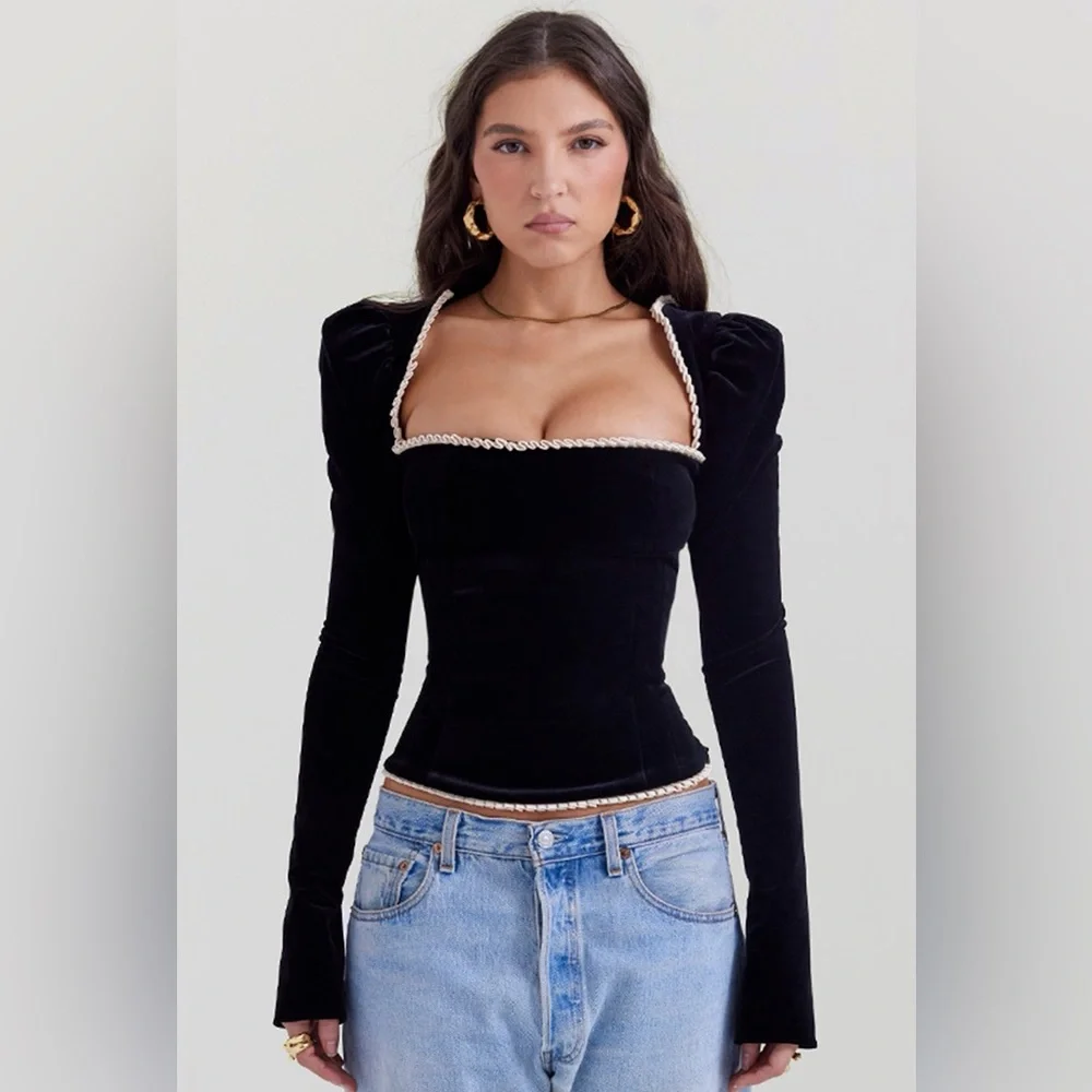 House of CB London Noa Black Velvet Corset Top - Picture 1 of 6